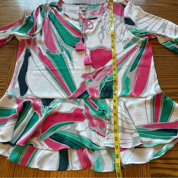 Chico's Pink/Green/White 3/4 Length Sleeve Flowing Ruffle Blouse Size 1(M) - Picture 9 of 12